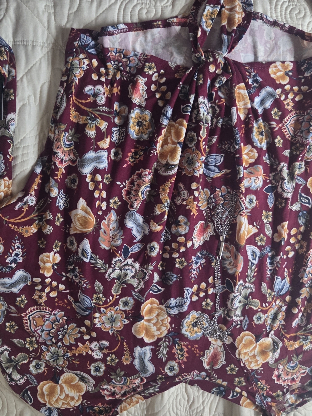 Iz Byer Burgundy Floral Sleeveless Blouse with Tie Neck